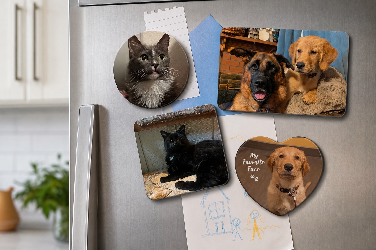 Personalized magnets on a refrigerator